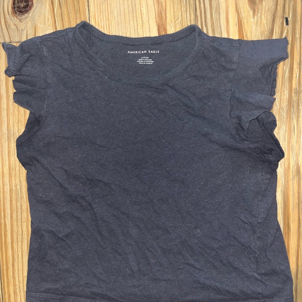American Eagle Outfitters Women's Charcoal Ruffle Sleeve Tee